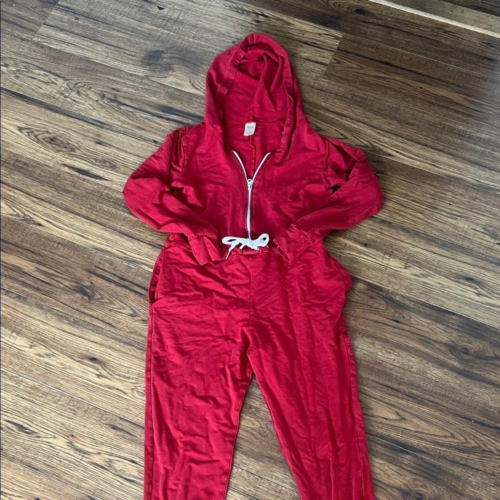 Jillian Harris Red Hooded Zip-Front Jumpsuit